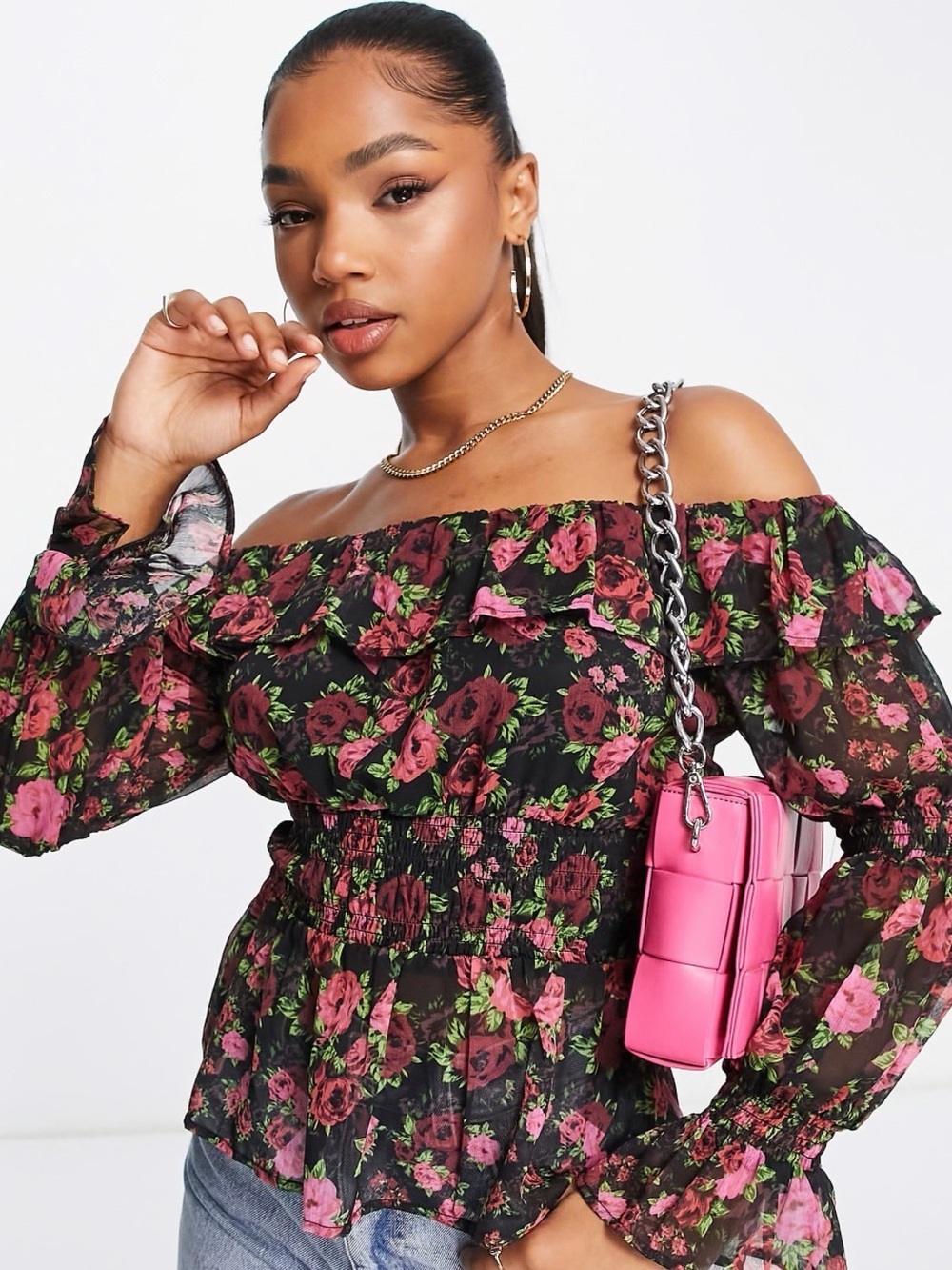 Miss Selfridge Black Off-Shoulder Floral Blouse with Pink Roses